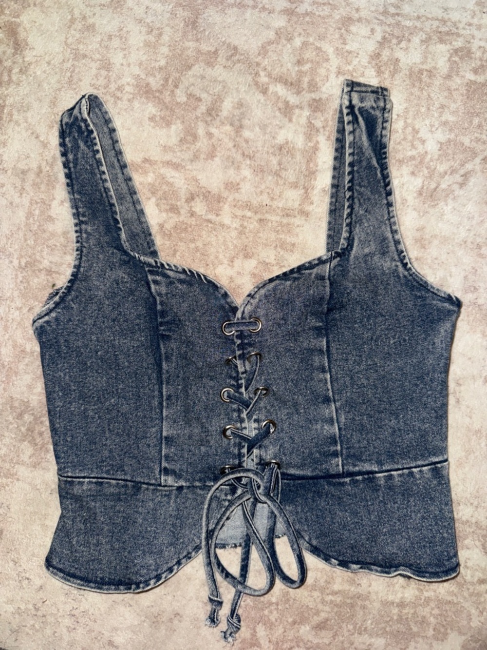 12th Tribe Denim Lace-Up Corset Tank Top - Dark Blue- Small